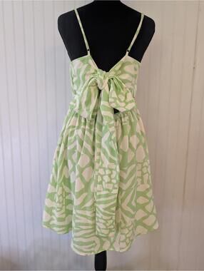 Girl and The Sun Green and White Patterned Spaghetti Strap Dress with Back Bow
